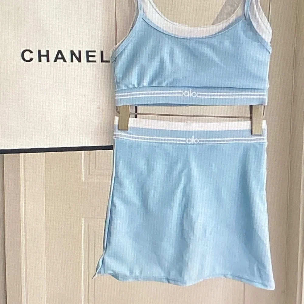 ALO Yoga Powder Blue Ribbed Sports Bra and Mini Skirt Set Size M